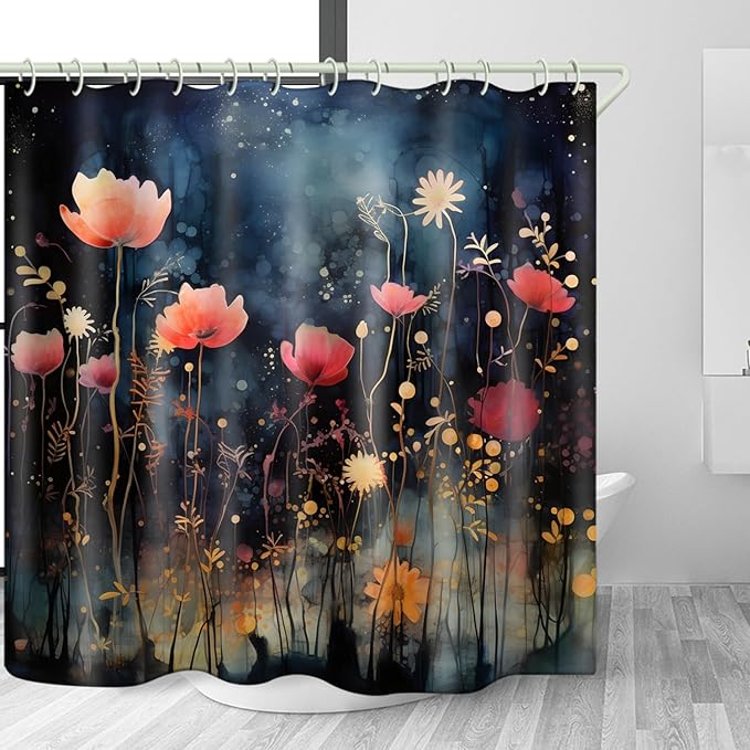 Bright Fabric Shower Curtains, Vintage Floral Theme Design Art Shower Curtains, Bathroom Decor Set, 12 Shower Curtain Hooks (72 "Wx72 L) Inch Waterproof Shower Curtain.