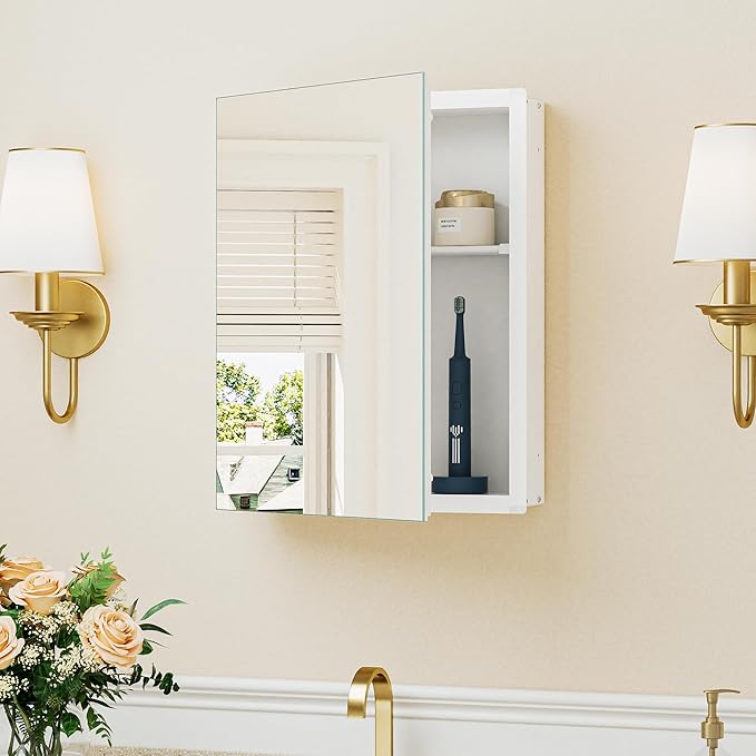 Keonjinn White Medicine Cabinet 14.5 x 18.5 Inch, Assembly Required, Mini Medicine Cabinet Mirror for Compact Bathroom, Free Adjustable Shelves, Wall Mount or Recessed, Tempered Glass