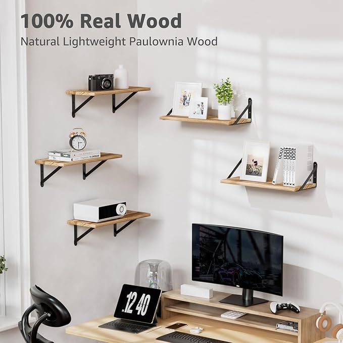 COCOYA Wall Shelves 7.3" Deep Set of 4, Solid Paulownia Wood Wider Longer Sturdy Easy to Install Wall Mounted Bookshelves Storage Shelves Bathroom Home Office Laundry Room Bedroom Organizer