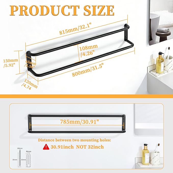 Alise Double Towel Bar,32 Inch Towel Racks for Bathroom, SUS304 Stainless Steel Towel Bar for Bathroom Wall,Quick Drying Bathroom Towel Holder, Long Bath Towel Hanger,Matte Black