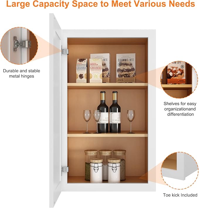 ROOMTEC Wood Wall Cabinet,RTA Single Door Medicine Cabinet with Adjustable Shelves and Soft-Close Door for Kitchen, Bathroom, and Laundry. 12" D*18" W*30" H, Traditional White
