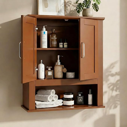 VINGLI Bathroom Wall Cabinet, Black Wall Mounted Storage Cabinet for Bathroom Over The Toilet, Medicine Cabinet with 2 Doors and 3-Height Adjustable Shelf & Open Shelf, Painted MDF, Space Saving