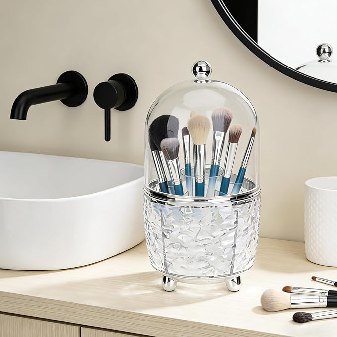 AKAZA 1PCS Rotating Makeup Brush Holder with Lid, rotating makeup organizer for vanity, 360?? Spinning Covered Brushes Storage with Anti-slip Pads for Vanity, Bathroom Countertop (Clear)