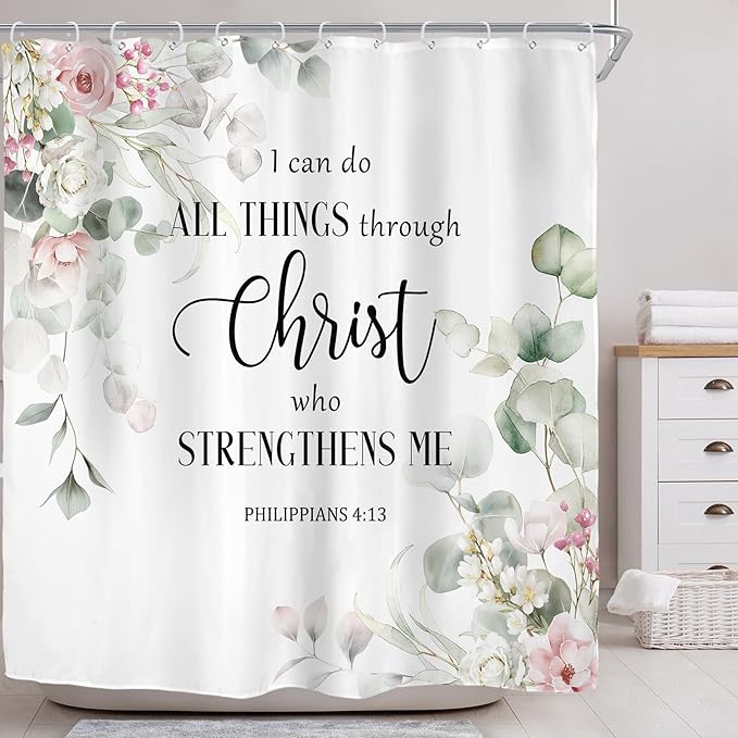 Riyidecor Eucalyptus Bible Verse Shower Curtain for Bathroom Decor 72Wx72H Green Leaf Pink Rose Christian Quotes Botanical Plant Scripture Art Printed Fabric Polyester Waterproof 12 Pack Plastic Hooks