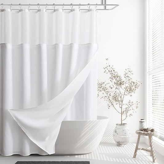 Naturoom Extra Long Shower Curtain 84 Length, Heavy Duty White Linen Fabric Shower Curtain Set with Liner and Hooks, Simple Elegant Country Farmhouse Bath Curtains for Bathroom, Mesh Top Window