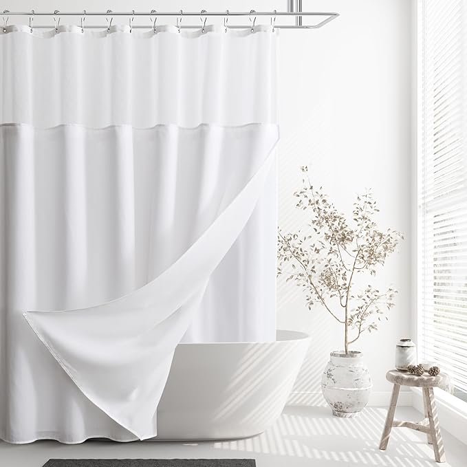 Naturoom Long Shower Curtain, Heavy Duty White Linen Fabric Shower Curtain Set with Liner, Simple Elegant Modern Farmhouse Country Bath Curtains for Bathroom, Mesh Top Window, 72 x 78, White