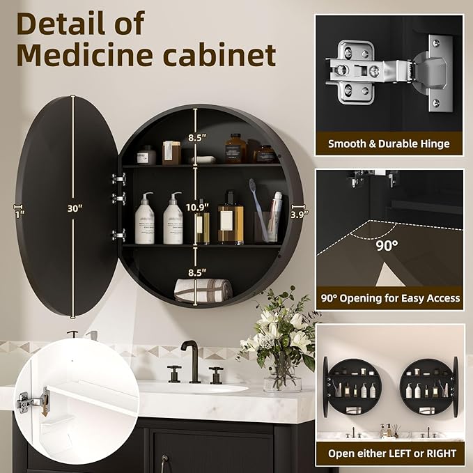 30 x 30 Inch Round Black Mirror Medicine Cabinet Surface Mounted, Circular Modern Bathroom Medicine Cabinet with Mirror, Metal Framed Medicine Cabinets with Tempered Glass Mirror