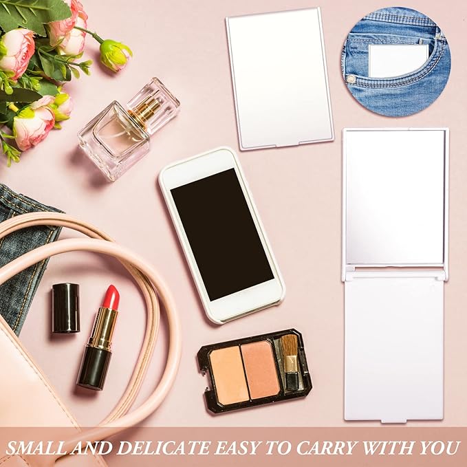 Queekay 16 Pcs 2 x 3 x 0.2''Small Makeup Folding Mirror Bulk Travel Portable Folding Rectangle Compact Stand up Portable Vanity Mirror for Women(White)