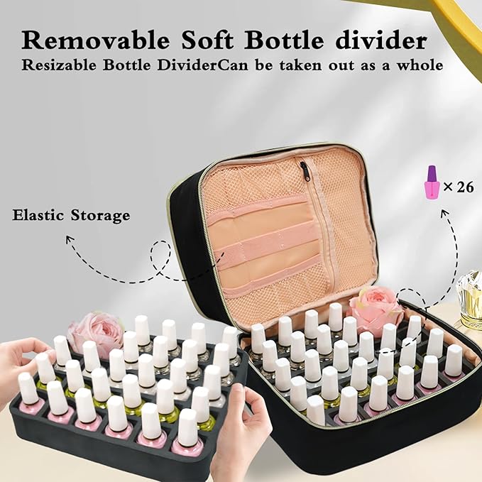 Nail Polish Organizer Case Double-Layer Nail Supplies Organizer Bag Holds 30 Bottles & Nail Lamp, Professional Nail Kit Storage Carrying Case (Black)
