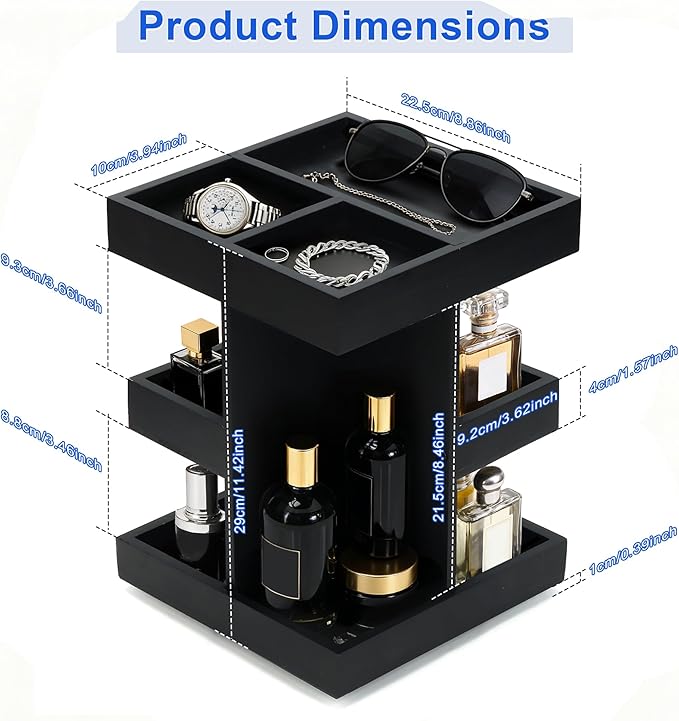 Top-spring Cologne Organizer for Men Men's Cologne Stand 360° Rotating Wood Perfume Organizer 3 Tier Wooden Perfume Shelf Display Holder for Dresser Desk Organizer, Black Organizador de Perfumes