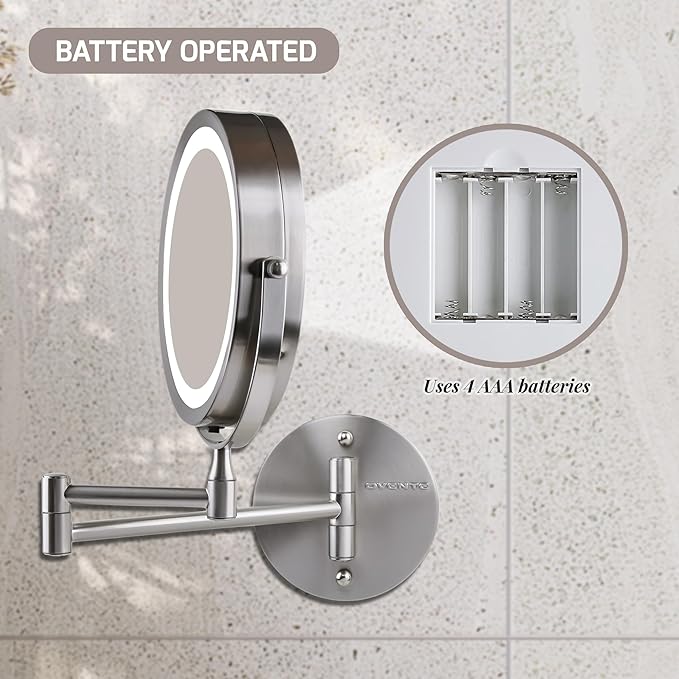 OVENTE Wall Mounted Lighted Makeup Mirror, 7" Double Sided 1X/10X Magnifying Vanity Mirror for Bathroom with LED Lights, Cordless, 360° Rotation and 13" Extendable Arm, Nickel Brushed MFW70BR1X10X