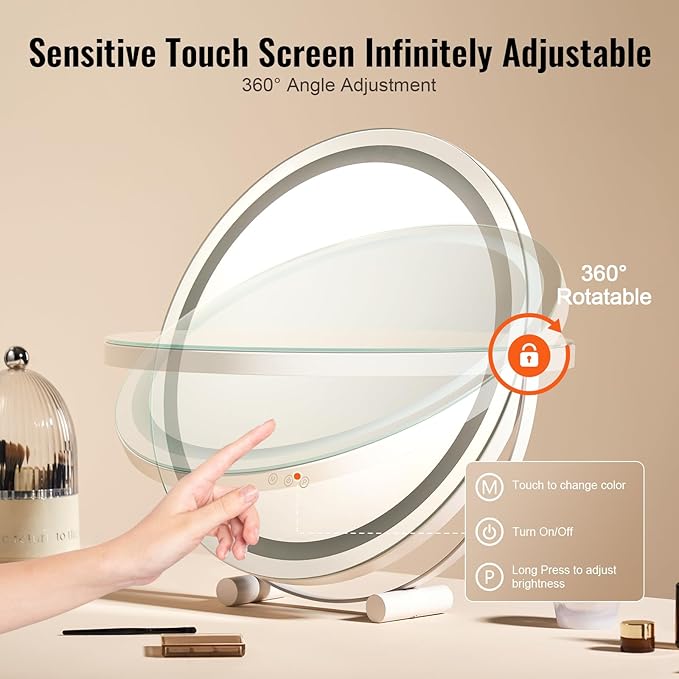 VEVOR 20” Vanity Mirror with Lights, LED Makeup Mirror 3 Color Lighting Modes, with 5X Magnification Mirror, Smart Touch Control, 360°Rotation,Round Lighted Makeup Mirror for Bedroom Tabletop (White)