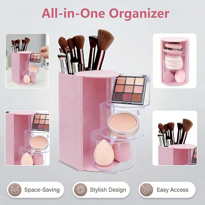 Hair Accessories Organizer with Hair Brush Holder - Rotatable Makeup Brush Organizer and Jewelry Storage Box for Necklaces, Earring, Bracelet, Makeup Brushes, Hair Clip and Hair Accessories (Pink)