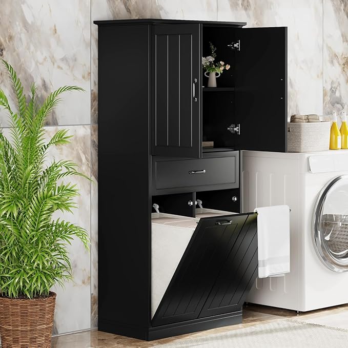 Virubi Tall Tilt Out Laundry Cabinet with 2 Tilt Out Laundry Hamper, Wood Bathroom Storage Cabinet with Doors,Drawers and Adjustable Shelves Freestanding (Black)