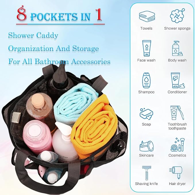 Mesh Shower Caddy Portable for College Dorm Room Essentials, 8-Pocket Large Capacity Shower Tote Toiletry Bag Basket, Quick Dry Hanging Organizer for Bathroom, Gym, Camp, Travel, Cruise, Beach