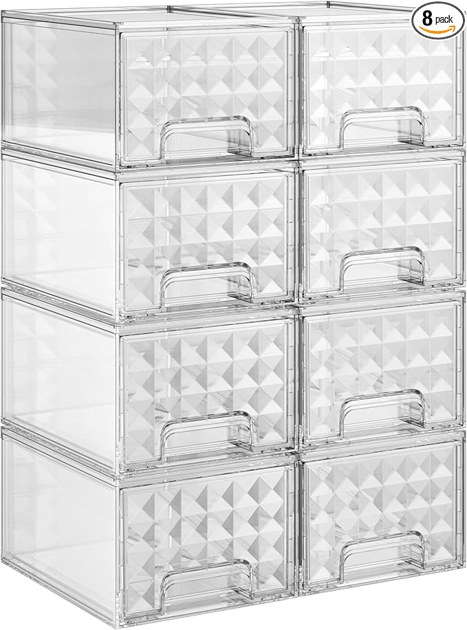 Delamu 8 Pack Stackable Storage Drawers, Makeup Skincare Holder Vanity Storage Organizer, Plastic Drawers For Vanity Desk, Undersink, Kitchen Cabinet, Pantry, Clear, Ideal Christmas Gifts for Girls