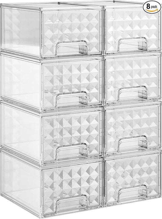 Delamu 8 Pack Stackable Storage Drawers, Makeup Skincare Holder Vanity Storage Organizer, Plastic Drawers For Vanity Desk, Undersink, Kitchen Cabinet, Pantry, Clear, Ideal Christmas Gifts for Girls