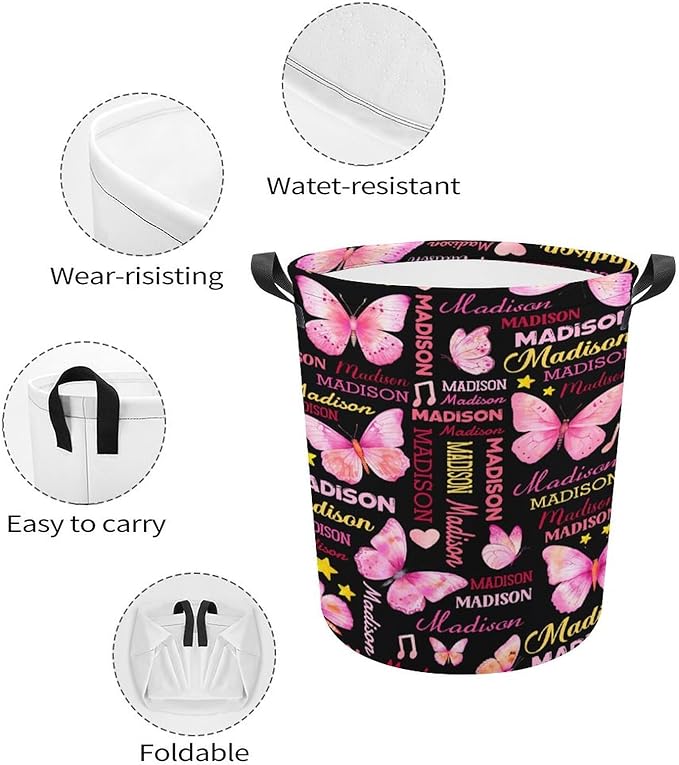 Custom Butterfly Laundry Baskets,Personalized Butterfly Gifts for Butterflies Lovers,Collapsible Laundry Hamper with Name for Kids Adults Home Decoration