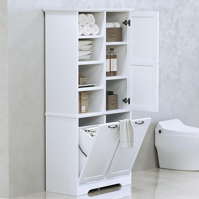 Merax Cabinet with Tilt-Out Laundry Hamper Basket, Tall Bathroom Storage Organizer Linen with Open Shelf for Home, Freestanding, White