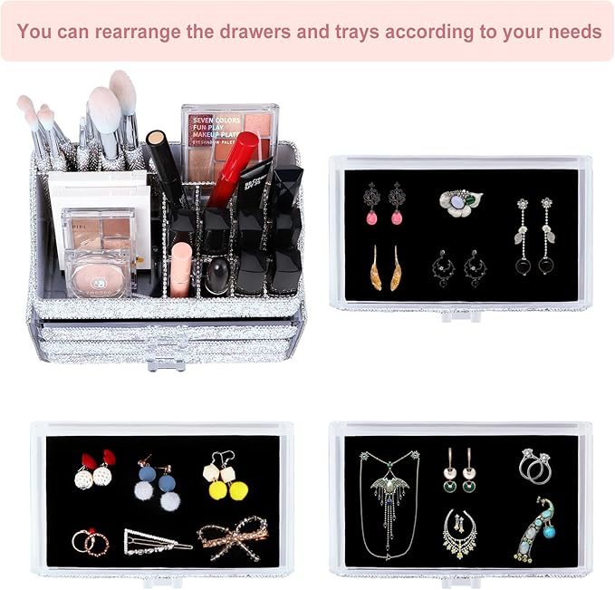 KEYPOWER Makeup Organizers Drawer Bling Diamond,Fashion Countertop Jewelry Cosmetic Storage Display Boxes,Makeup Brush Holder, Cosmetic Holder,2 Pieces Set(Purely Handmade)(White)