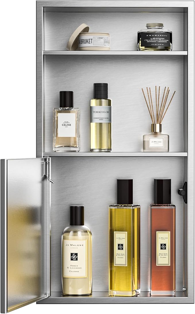 Recessed Medicine Cabinet with Door 24" X 12" Brushed Wall Medicine Cabinets with 3-Tier Shelf 304 Stainless Steel Niche Shower for Bathroom Storage