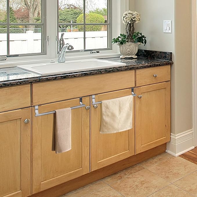 Cabinet Door Towel Bar, Dish Towel Rack for Cabinet, Stainless Steel kitchen Towel Holder, Over the Door Hand Towel Hanger for Kitchen Bathroom Cupboard, 2 Pack (2*Small-Silver)