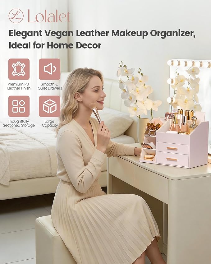 Lolalet Makeup Organizer with Drawers, PU Leather Spacious Skincare Holder Lipsticks Perfume Brushes Beauty Essentials Display Case for Vanity Dresser Countertop Bathroom Easy to Clean -Pink