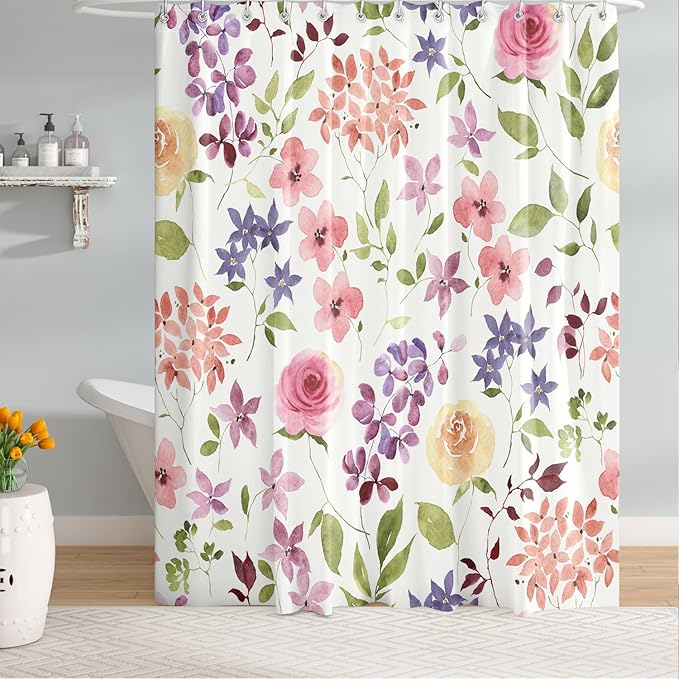 Watercolor Floral and Green Leaves Shower Curtains, Waterproof Fabric Colorful Rustic Ivory Botanical Bathroom Shower Curtain, 72 x 72 Inch