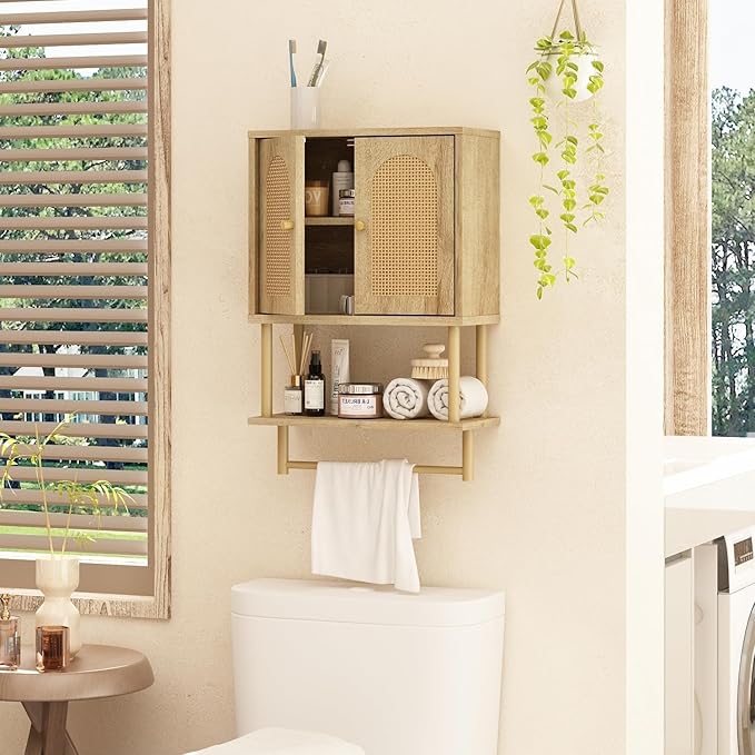 RUSTOWN Rattan Bathroom Wall Cabinet, Modern Boho Medicine Cabinet with Two Arched Rattan Doors, Over The Toilet Storage Cabinet with Adjustable Shelf and Towel Bar for Bathroom (Natural, Small)