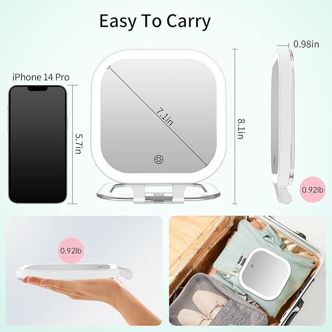 FASCINATE Rechargeable Travel Makeup Mirror 30X Magnification, 7" Lighted Portable Vanity Mirror with 3 Colors Lighting & Stepless Dimming, Double Sided LED Mirror, Gift for Women (White)