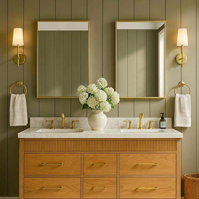 TEHOME 20'' x 30'' Brushed Gold Recessed and Surface Mount Bathroom Medicine Cabinet with Mirror Brushed Gold Square Cornered Metal Framed Rounded Rectangle Medicine Cabinet Mirror