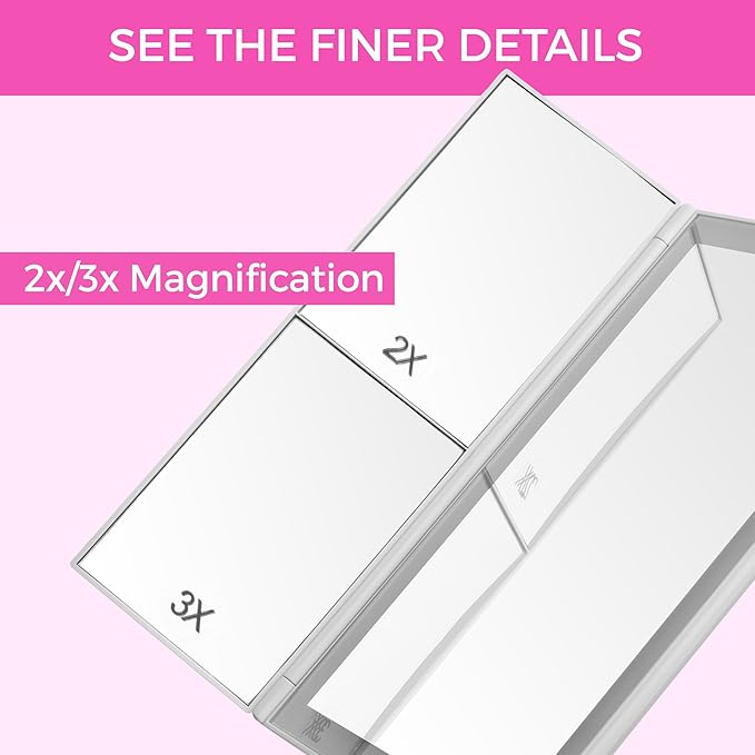 Luvly Trifold Vanity Mirror with LED Lights | Touch Screen Dimming - 1x 2X 3X Magnification - Portable Makeup Mirror