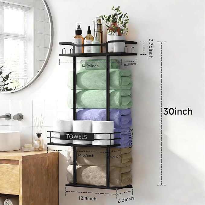 Towel Racks for Bathroom, 30inch Wall Mounted Towel Rack, Towel Storage for Small Bathroom Can Holds 6 Large Towels, Floating Shelf with Adjustable Tissue Basket(Black).