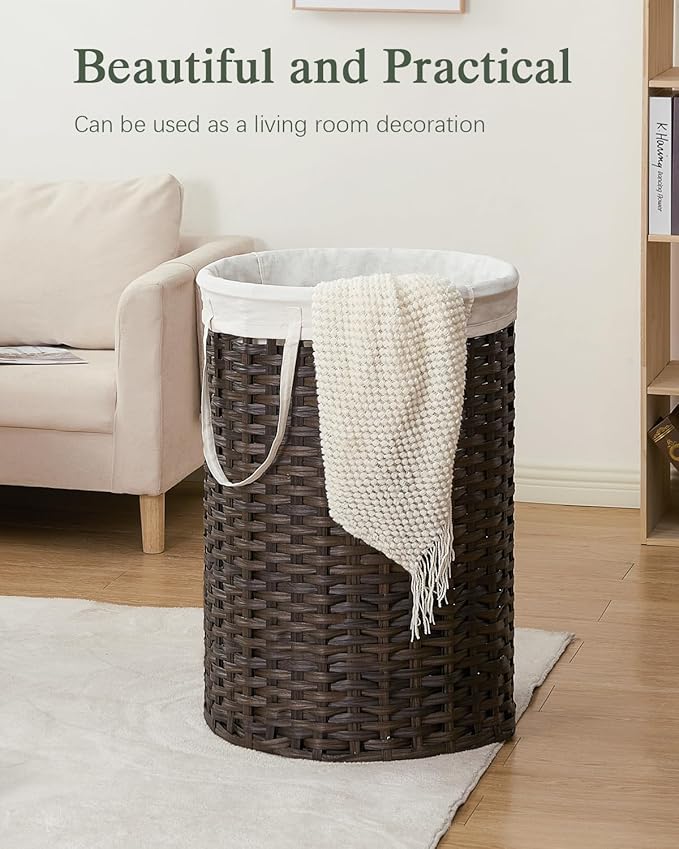 SETVSON 34.3 Gal (130 L) Large Laundry Hamper Laundry Basket Round Handwoven Wicker Laundry Baskets Rattan Laundry Basket with Removable Bag Handles 2 Mesh Bags for Living Room Bedroom Brown (No Lid)