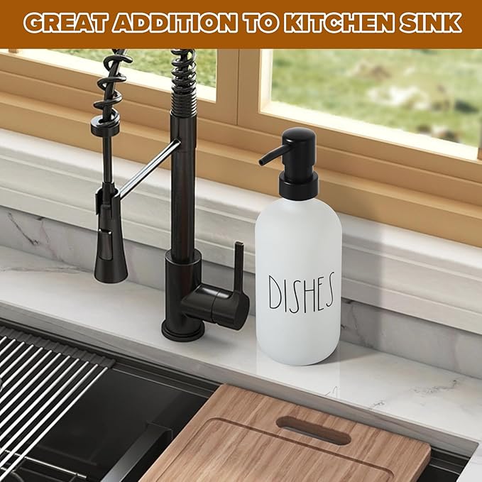 VIMERPA Dish Soap Dispenser, Matte White Soap Dispenser for Kitchen, Glass Dishes Soap Dispenser with Plastic Pump, 17 Fl Oz Refillable Liquid Soap Bottle Container, Farmhouse Kitchen Decor