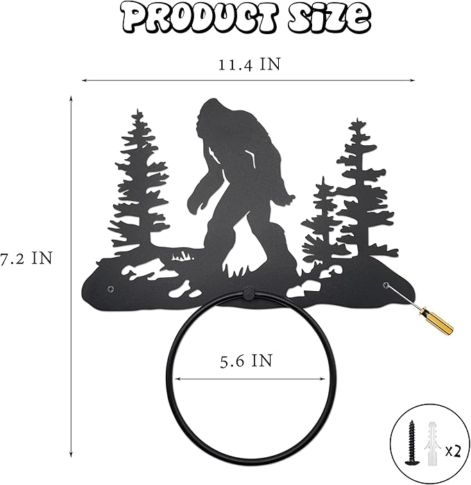 Bigfoot Sasquatch Metal Towel Holder - Rustic Towel Ring - Rustic Cabin, Lodge, Mountain Art Decor - Bigfoot Sasquatch Gift (Mat Black)