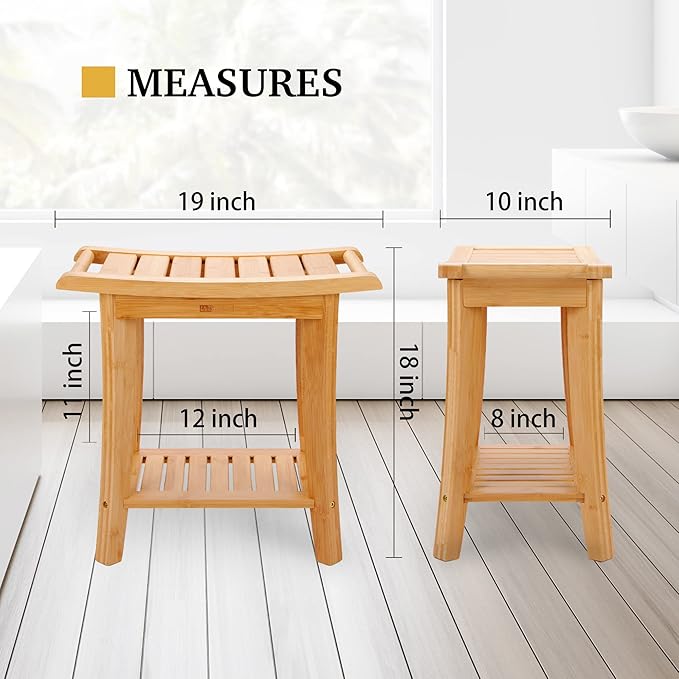 Unibambou Bamboo Shower Bench with Storage Shelf, Wooden Spa Bath Deluxe Organizer Shower Stool for Inside Shower, Bathroom Bench Seat for Adults Elderly Seniors for Indoor or Outdoor Use