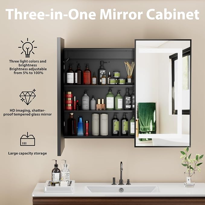 LOVMOR Led Medicine Cabinet with Mirror, Bathroom Vanity Mirror Cabinet with Shelves, 3-Color Lights Dimmer, Black 32" H x 40" W