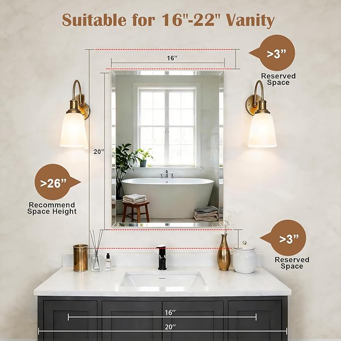 16x20'' Bathroom Medicine Cabinet Mirror with Storage, Surface Mount or Recessed Medicine Cabinet with 3-Tiered Adjustable Tempered Glass Shelves