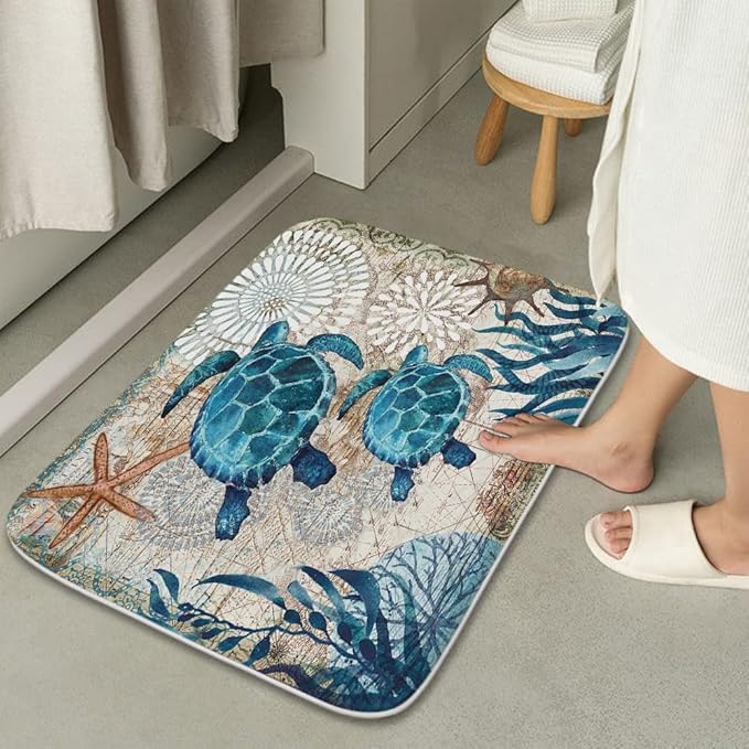 Sea Turtles Nautical Ocean Beach Bathroom Sets Starfish Coral Shower Curtain and 18 x 30 Rugs Bathroom Accessories Sets Decor with Bath Mat, Toilet Lid Cover, U-Shaped Contour and Hooks 72W x 72H Inch