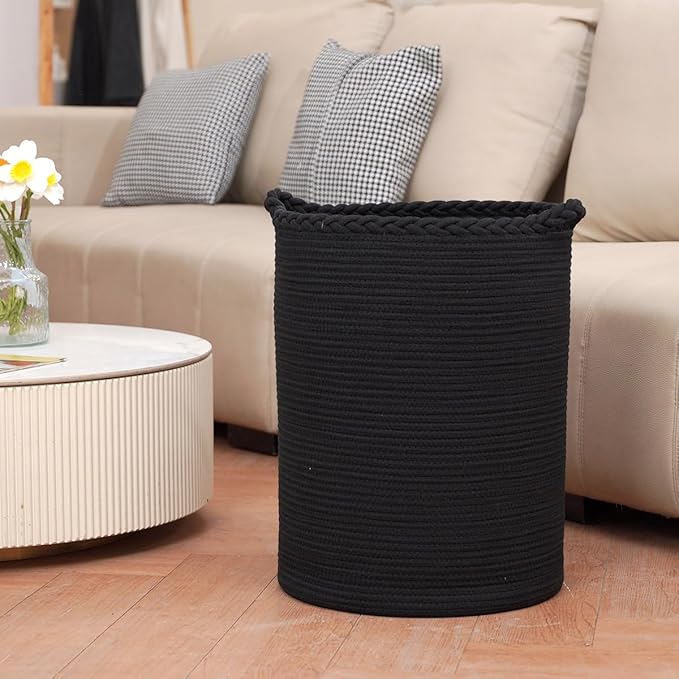 58L Woven Laundry Basket,Cotton Tall Laundry Hamper for Blankets,Clothes,Pillows,Toys,Shoes Large Laundry Bin Black
