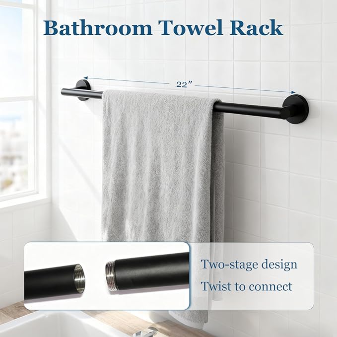 4-Pieces Wall Mount Bathroom Accessories Bathroom Hardware Set,23.6 Inch Stainless Steel Waterproof Towel Bars,Toilet Paper Holder with Shelf,Towel Ring,Coat Hook,Matte Black