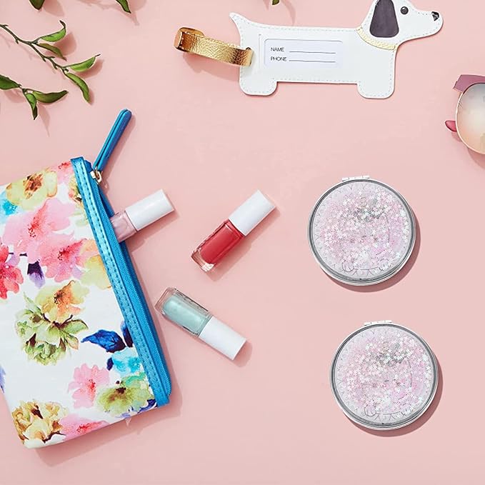 AKOAK 1 Pack Compact Mirror, Portable Quicksand Pocket Travel Makeup Mirror, Folding Hand-held Double Sided 1x/2x Magnifying Glass, Great Gift for Women and Girls (Pink)