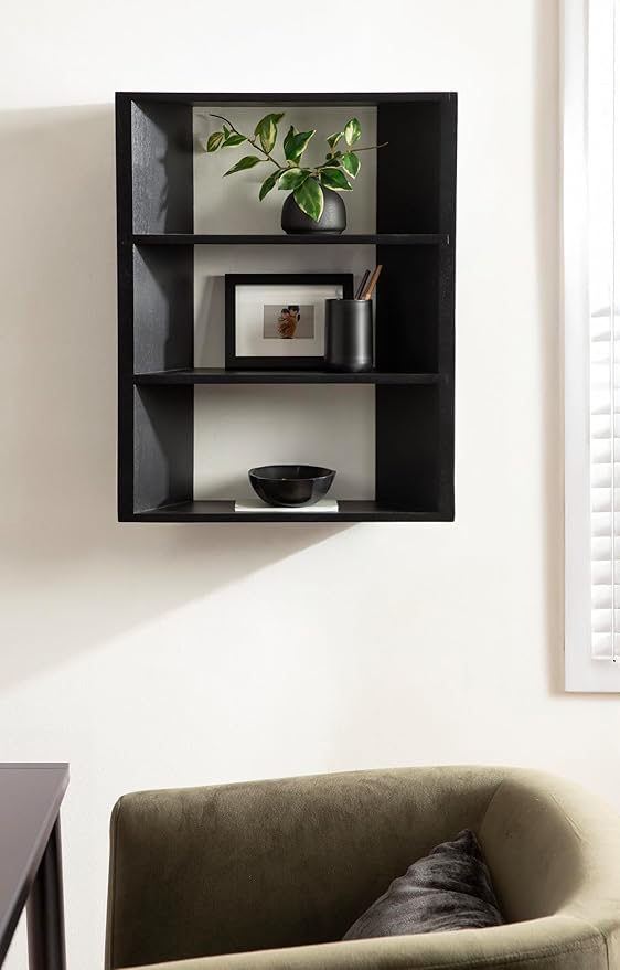 Kate and Laurel Akita Modern Angled Three-Tier Wall Shelf, 20 x 6 x 26, Black, Decorative Over The Toilet Shelf for Use as Bathroom Storage or Living Room Display Shelving