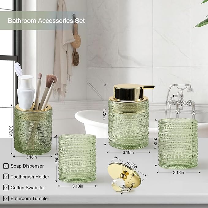 DASITON Bathroom Accessories Set,4Pcs Glass Bathroom Counter Set with Foaming Soap Dispenser,Toothbrush Holder,Bathroom Tumbler,Cotton Swab Jars, for Vanity Bathroom Decor(Green A)