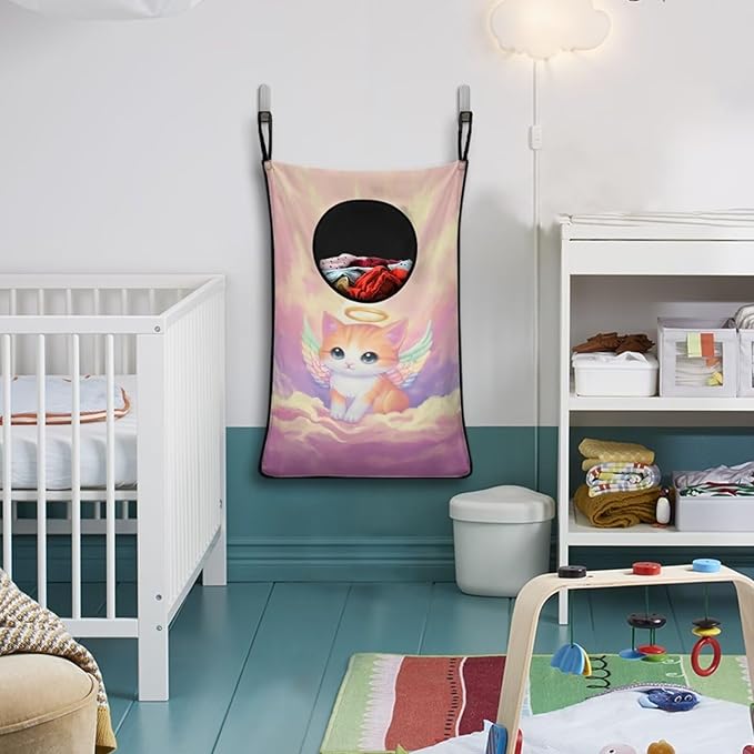 ZOUTAIRONG Cute Hanging Laundry Bag Basketball Over The Door Cartoon Cat Laundry Hamper Zipper Laundry Basket Storage Organizers for Bedroom/Bathroom/Dorm/Closet