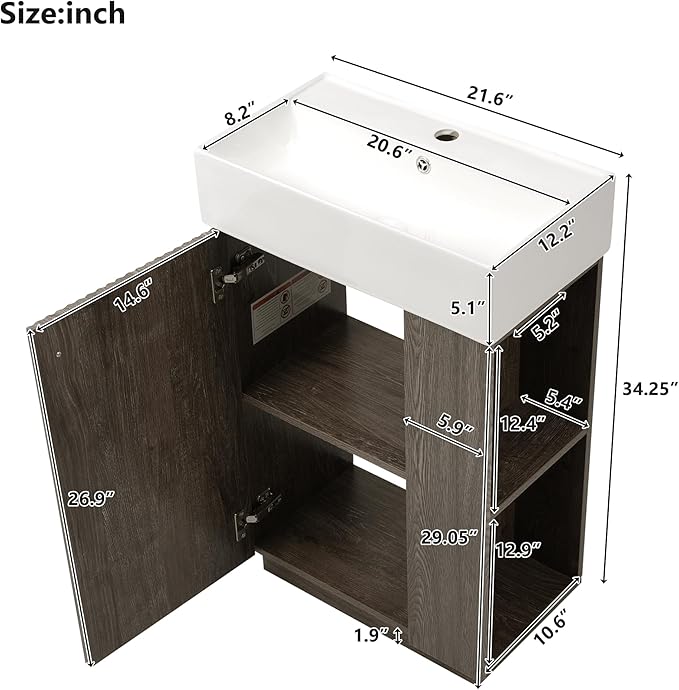 Virubi 21.6" Small Fluted Bathroom Vanity with Sink,Soft Closing Doors and Storage Shelves,Natural Wood Single Bathroom Sink Cabinet Combo Freestanding,Dark Grey