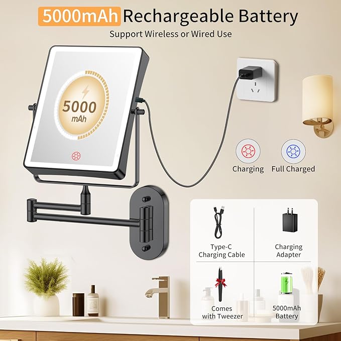 FUNTOUCH 5000mAh Rechargeable Wall Mounted Makeup Mirror with Lights, 8.7" Double Sided 1X/30X Magnifying Mirror with Dimmable 3 Color Light, Extended Swing Arm 360° Wall Mount Bathroom Vanity Mirror