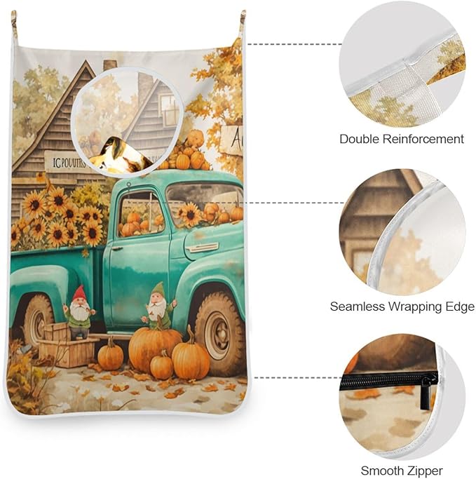 Thanksgiving Truck Pumpkin Orange Hanging Laundry Hamper Door Hampers Bag Basket with Stainless Steel Hooks Oxford Fabric Printing Decorative Clothes Bags 29.5X20inch 1Pack