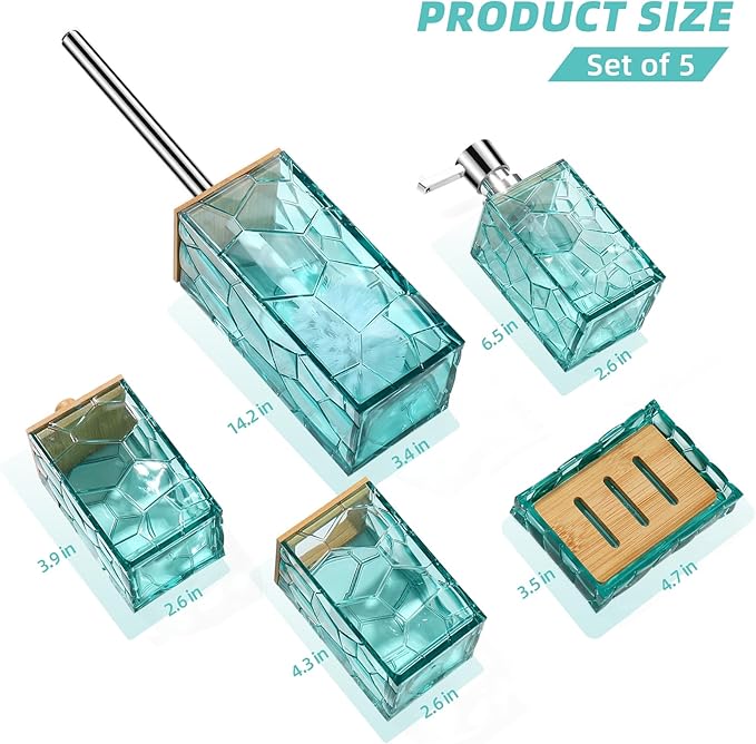 GAHEFY Teal Blue Beach Bathroom Accessories Set, Toothbrush Holder, Soap Dispenser, Cotton Swabs Holder, Soap Dish, Toilet Brush with Holder, Boho Bamboo Bathroom Decor,Acrylic (Teal)